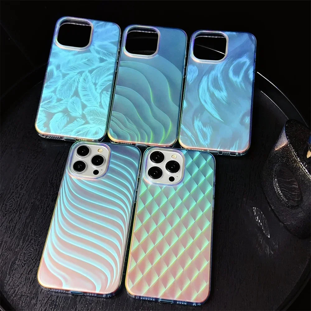 Aurora Gradient Colorful Case for iPhone 15 14 16 Pro Max 13 12 11 Ripple Laser Feather Shockproof Acrylic Cover for iPhone 15