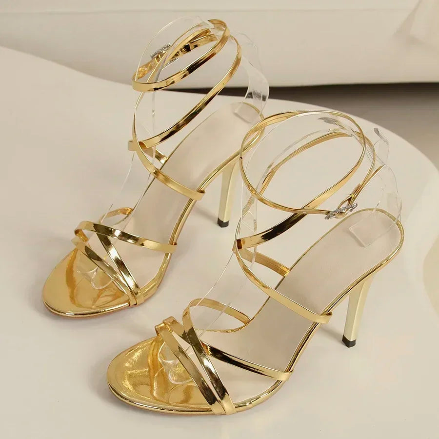 Gold Black White Open Toe High Heels - Vakasi