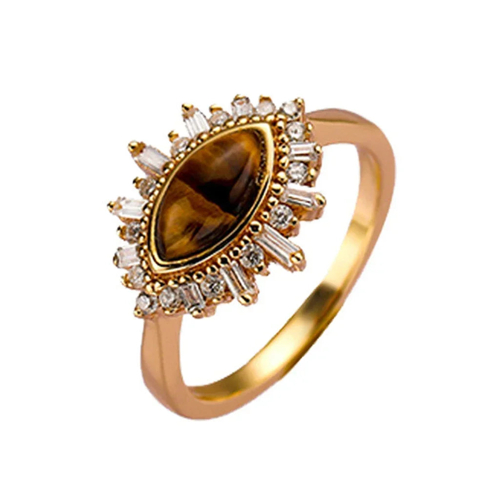 Monkton 925 Sterling Silver Tiger Eye Ring for Women Luxury 18K Gold Plated Shiny Cubic Zirconia Ring Wedding Jewelry Gift