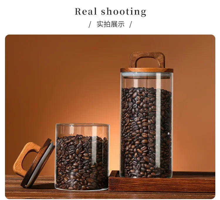 800-2100ml Wood Lid Glass Jar 1pc Airtight Canister Food Container Coffee Beans Kitchen Storage Bottles Sealed Grounds Large Set