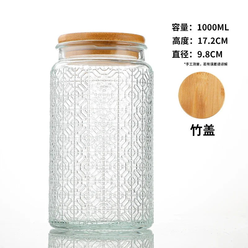 Transparent Glass Storage Jar Retro Relief Haitang Pattern Glass Jar Sealed Jar Household Round Glass Bottle Candy Storage Box