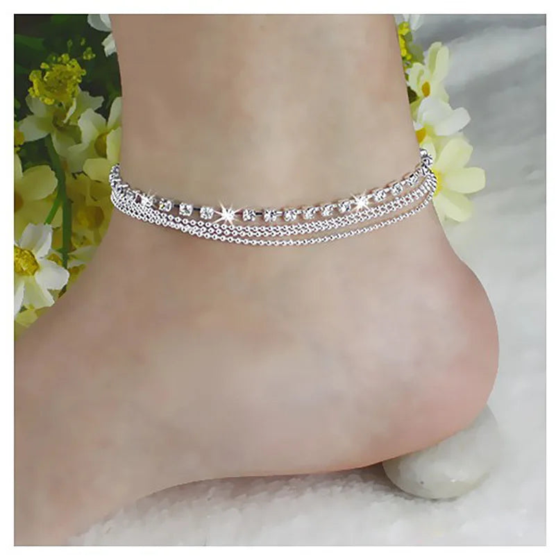 Silver Crystal Zircon 3 Rows Beads Anklet