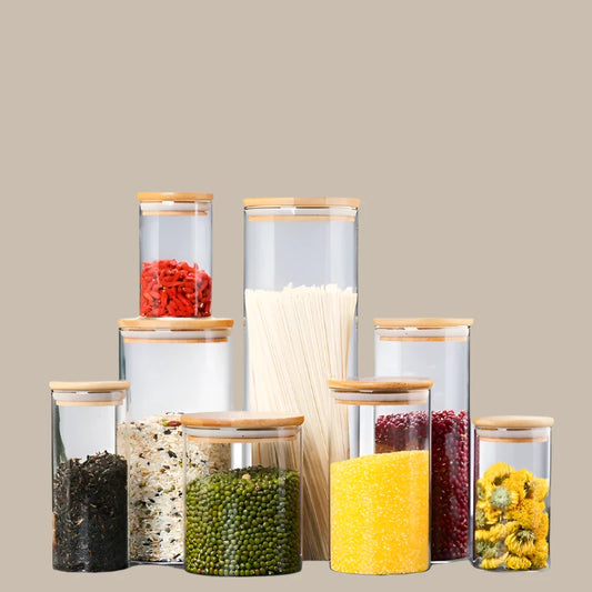 Glass Jar With Bamboo Lid Sealed Canister Food Storage Bottles Container Storage For Loose Tea Coffee Bean Kitchen Accessories