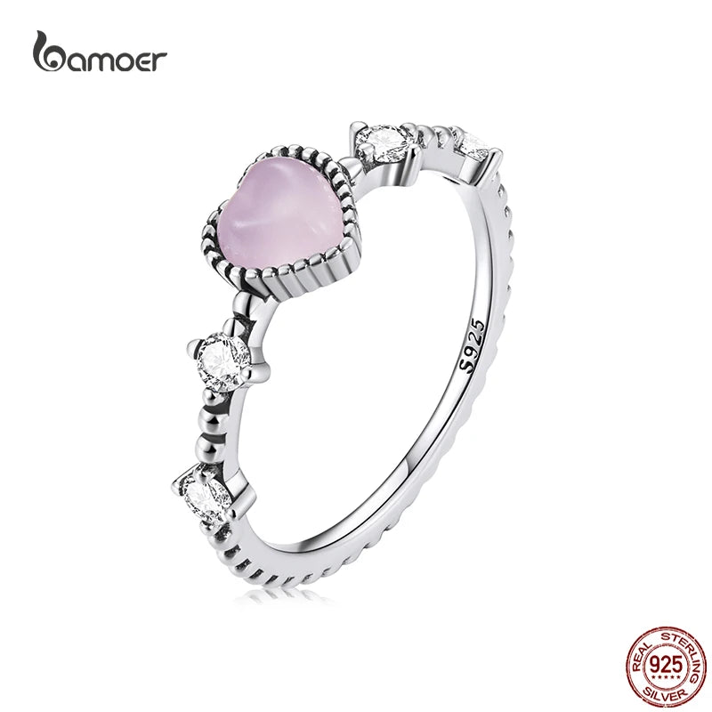 Bamoer Genuine 925 Sterling Silver Romantic Pink Heart Rings for Women Clear Zircon Finger Rings Formal Anniversary Jewelry Gift