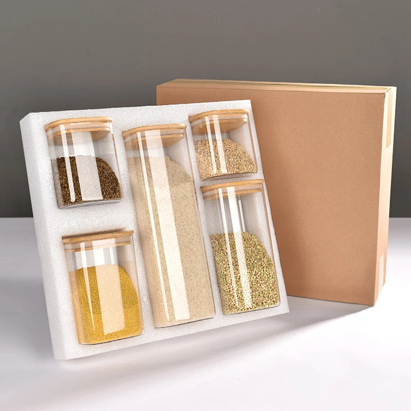 Large Capacity Square Glass Storage Jars, Bamboo Cover, Sealed Glass Bottle, Kitchen Seasoning Tank, 5 Units