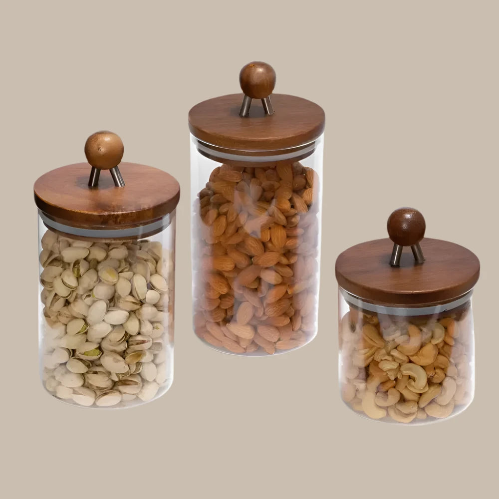 Glass Acacia Wood Kitchen Canister Set 3-Piece Clear Airtight Seal- Organize Store Fresh Nuts Pasta Candy Durable Borosilicate