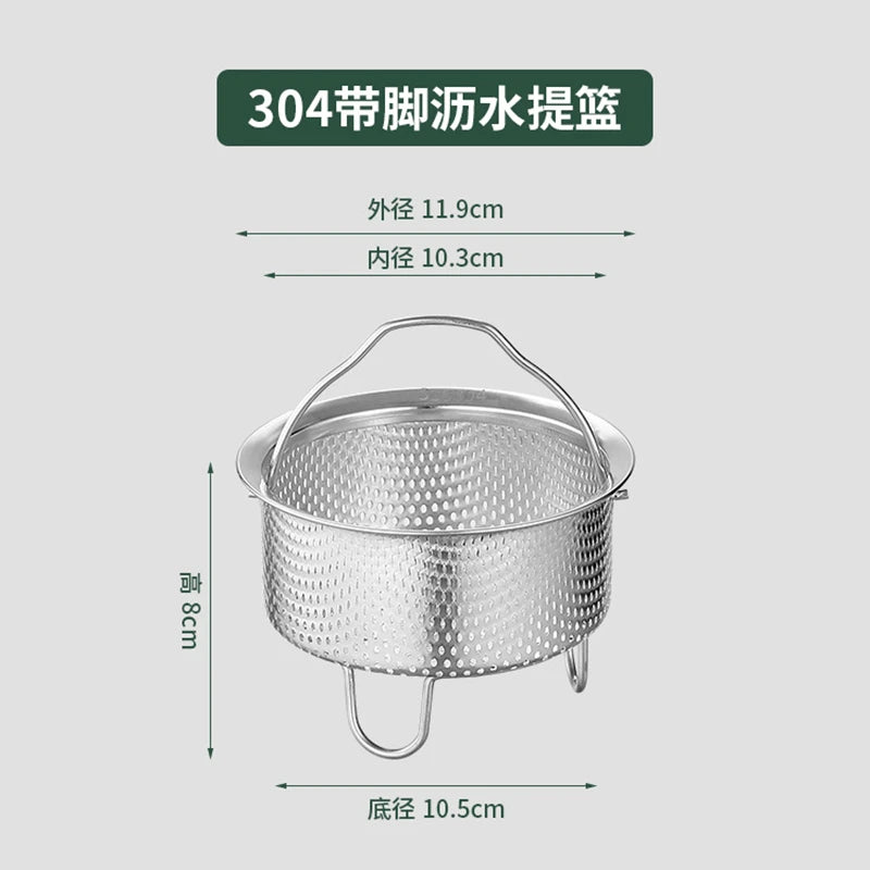 304 Stainless Steel Drain Basket Food Container Vegetable Fruit Strainer Filter with Feet Multifunction Steamer Kitchenware