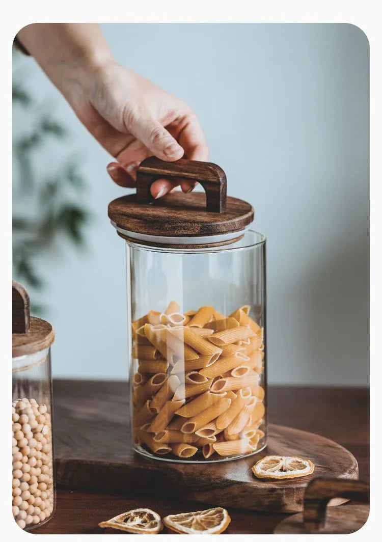 Japanese Style Kitchen Multigrain Coffee Bean Glass Sealed Storage Jar Large Capacity Wooden Lid Storage Jar Pasta Glass Bottle