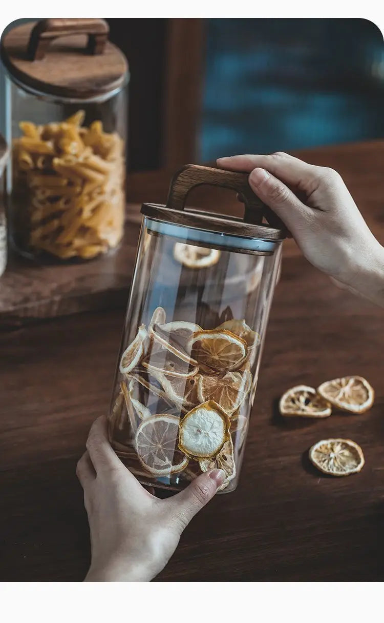 Japanese Style Kitchen Multigrain Coffee Bean Glass Sealed Storage Jar Large Capacity Wooden Lid Storage Jar Pasta Glass Bottle