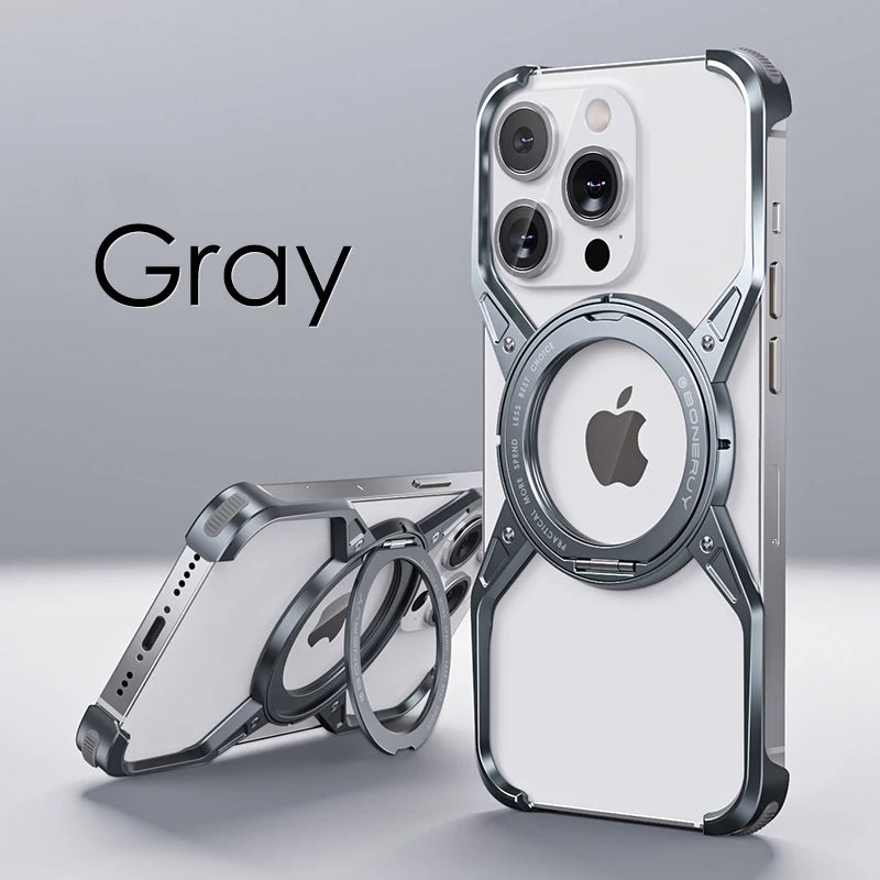 Aluminum Alloy Magnetic MagSafe Stand Phone Case For iPhone 14 13 15 16 Pro Max 16Pro Metal Hollow Rimless Bumper Cover Funda