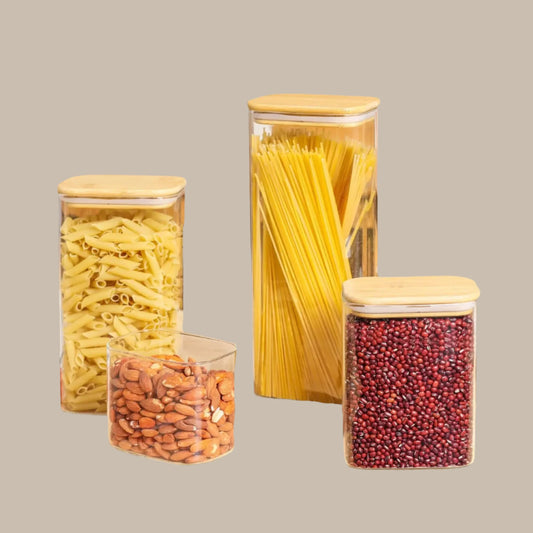 Rectangle Clear Storage Jars with Bamboo Lids For Sugar Coffee  Pantry Organizer Container for Pasta Tea Candy Nuts