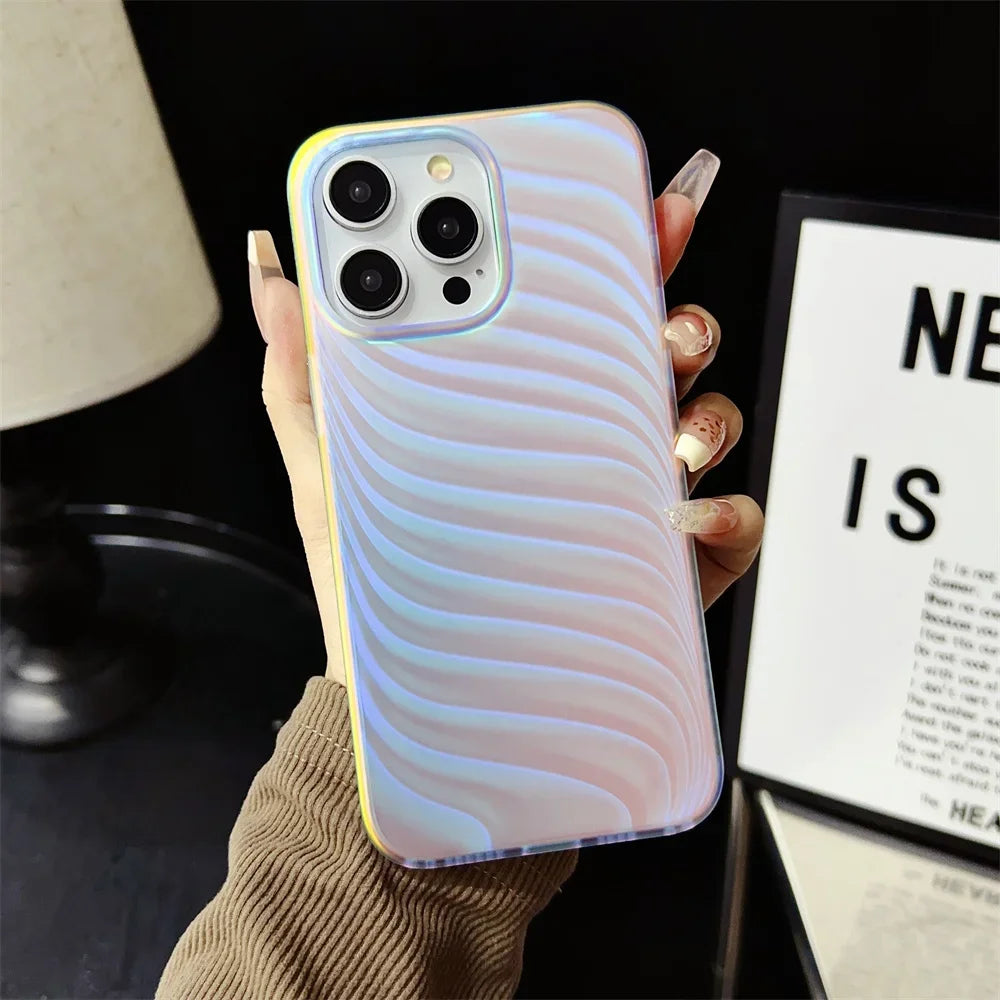 Aurora Gradient Colorful Case for iPhone 15 14 16 Pro Max 13 12 11 Ripple Laser Feather Shockproof Acrylic Cover for iPhone 15