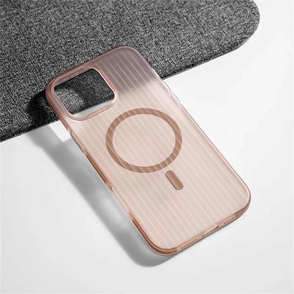 Corrugated Pattern Non-slip Magnetic Wireless Charge Matte Case For iPhone 16 15 Plus 14 13 12 Pro Max Magsafe Bumper Hard Cover