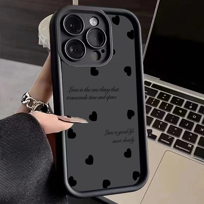 Luxury Black Full Screen Love Heart Phone Case For iPhone 11 12 13 14 15 16 Pro Max XR XS X 7 8 Plus SE 2020 Silicone INS Covers