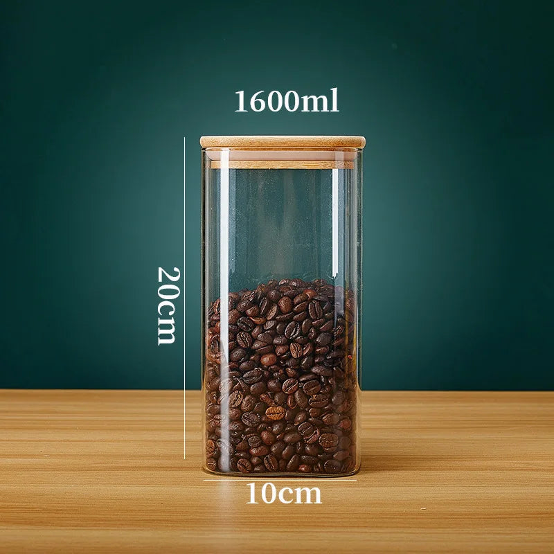 1Pcs Wood Lid Glass Airtight Canister Food Container Tea Kitchen Storage Bottles Jar Sealed Grounds Jars Organizer