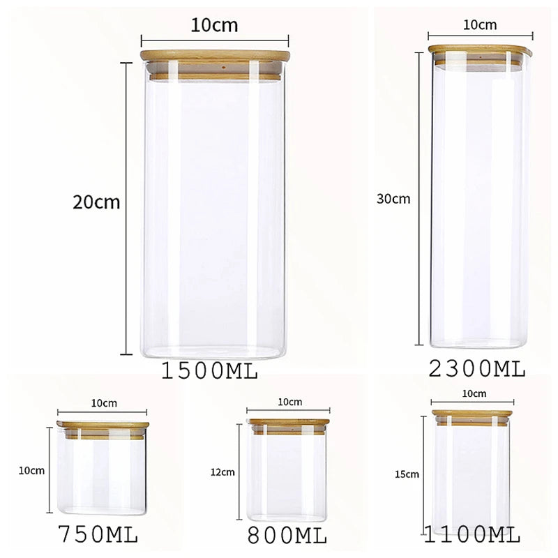 Large Capacity Square Glass Storage Jars, Bamboo Cover, Sealed Glass Bottle, Kitchen Seasoning Tank, 5 Units