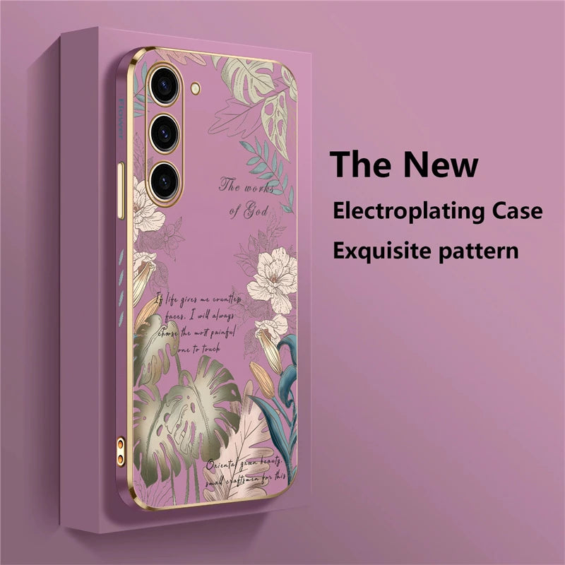 S24 Plating Case For Samsung Galaxy S23 Ultra S22 S21 Plus S20 fe S10 Soft Silicone Pattern Flower Cover Funda