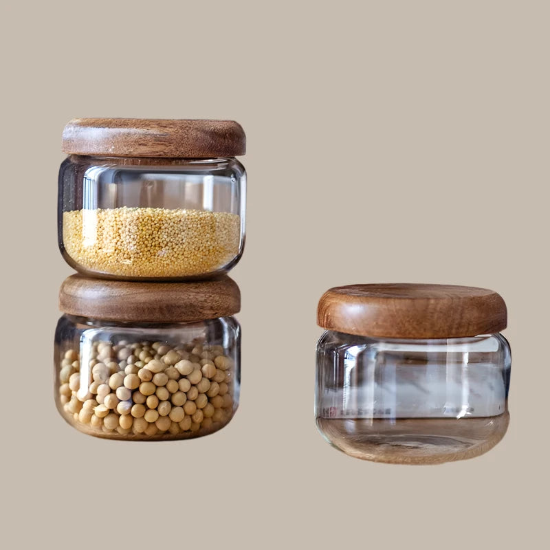 300ml 10oz Kitchen Airtight Spices Seasoning Storage for Food Glass Suger Jars Box with Acacia Wood Lid 1 Piece