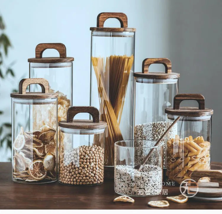 Japanese Style Kitchen Multigrain Coffee Bean Glass Sealed Storage Jar Large Capacity Wooden Lid Storage Jar Pasta Glass Bottle