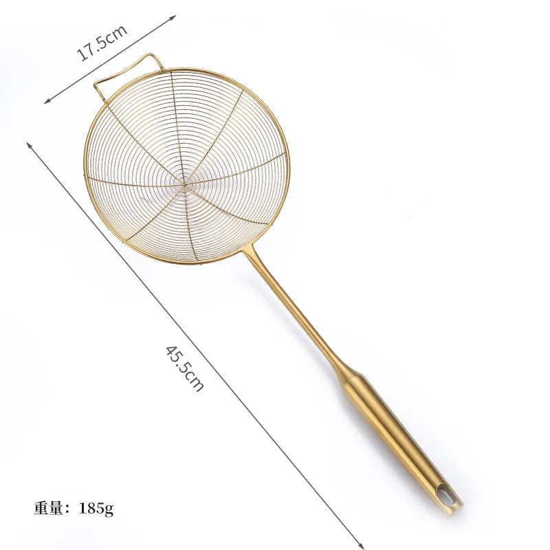 Golden Stainless Steel Skimmer Strainer Colander Oil Filter Frying Scoop with Long Handle Noodles Dumpling Sieves Kitchen Tools