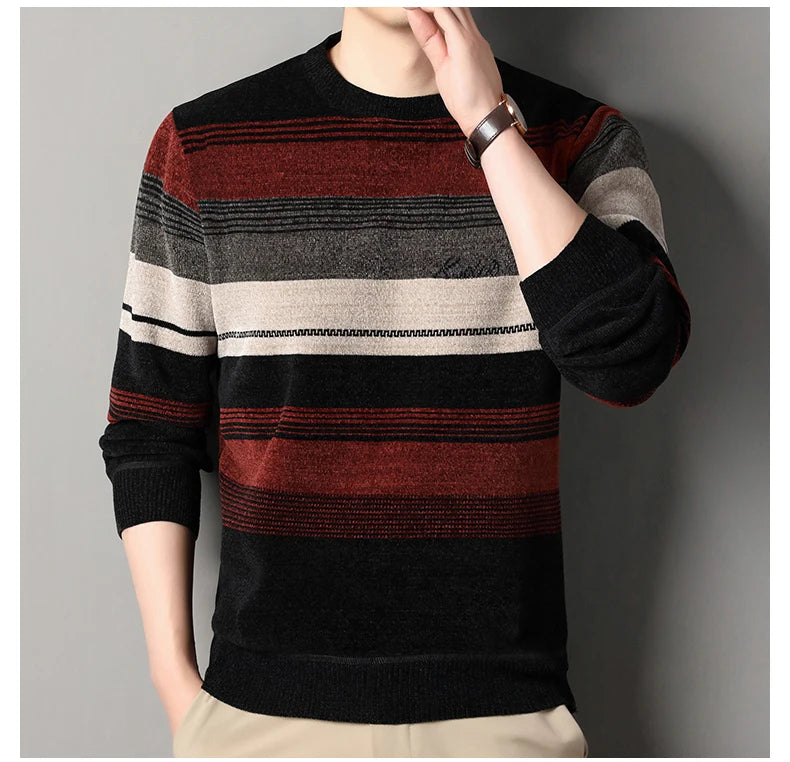 Mens Thickened Sweater Stripe Velvet Pullover Men's Winter Clothes Elegant Luxury Brand Fashion Knitted Sweaters - Vakasi