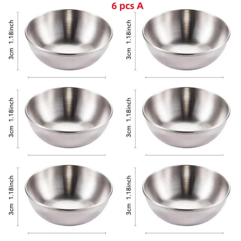 6 Pcs Stainless Steel Round Sauce dish for sala BBQ Hot Pot Dipping Bowl Saucer Container Seasoning Dip Dish Kitchen Gadgets