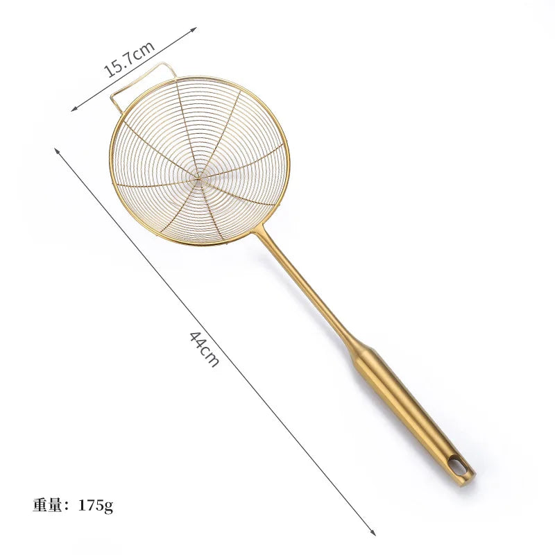 Golden Stainless Steel Skimmer Strainer Colander Oil Filter Frying Scoop with Long Handle Noodles Dumpling Sieves Kitchen Tools