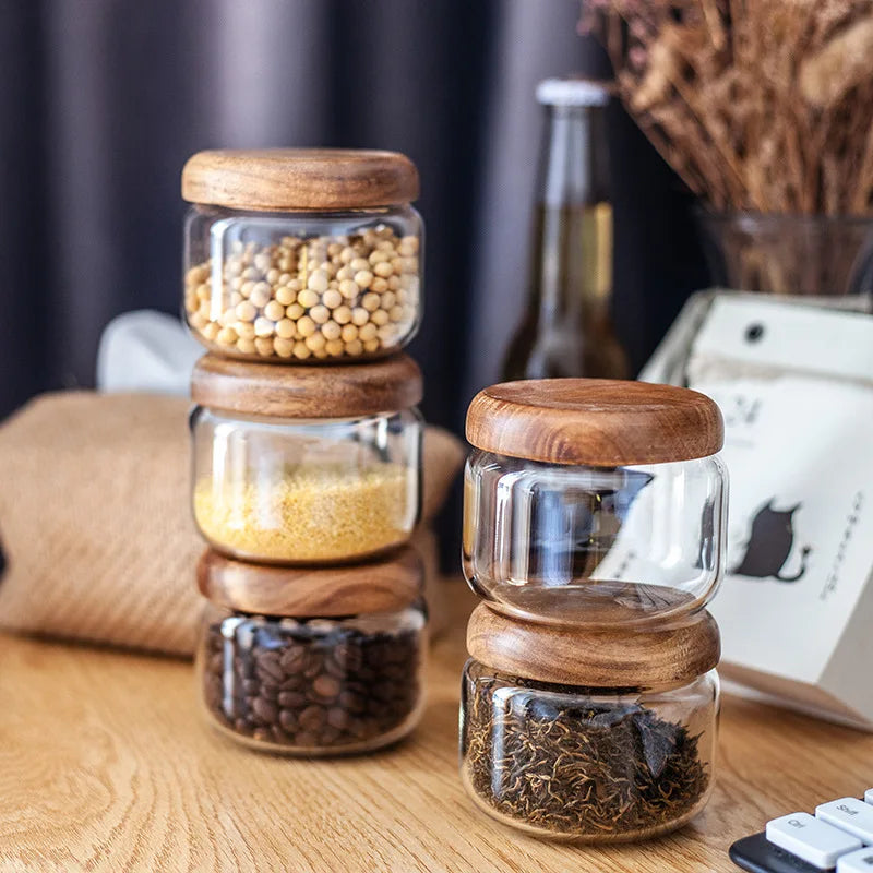 300ml 10oz Kitchen Airtight Spices Seasoning Storage for Food Glass Suger Jars Box with Acacia Wood Lid 1 Piece