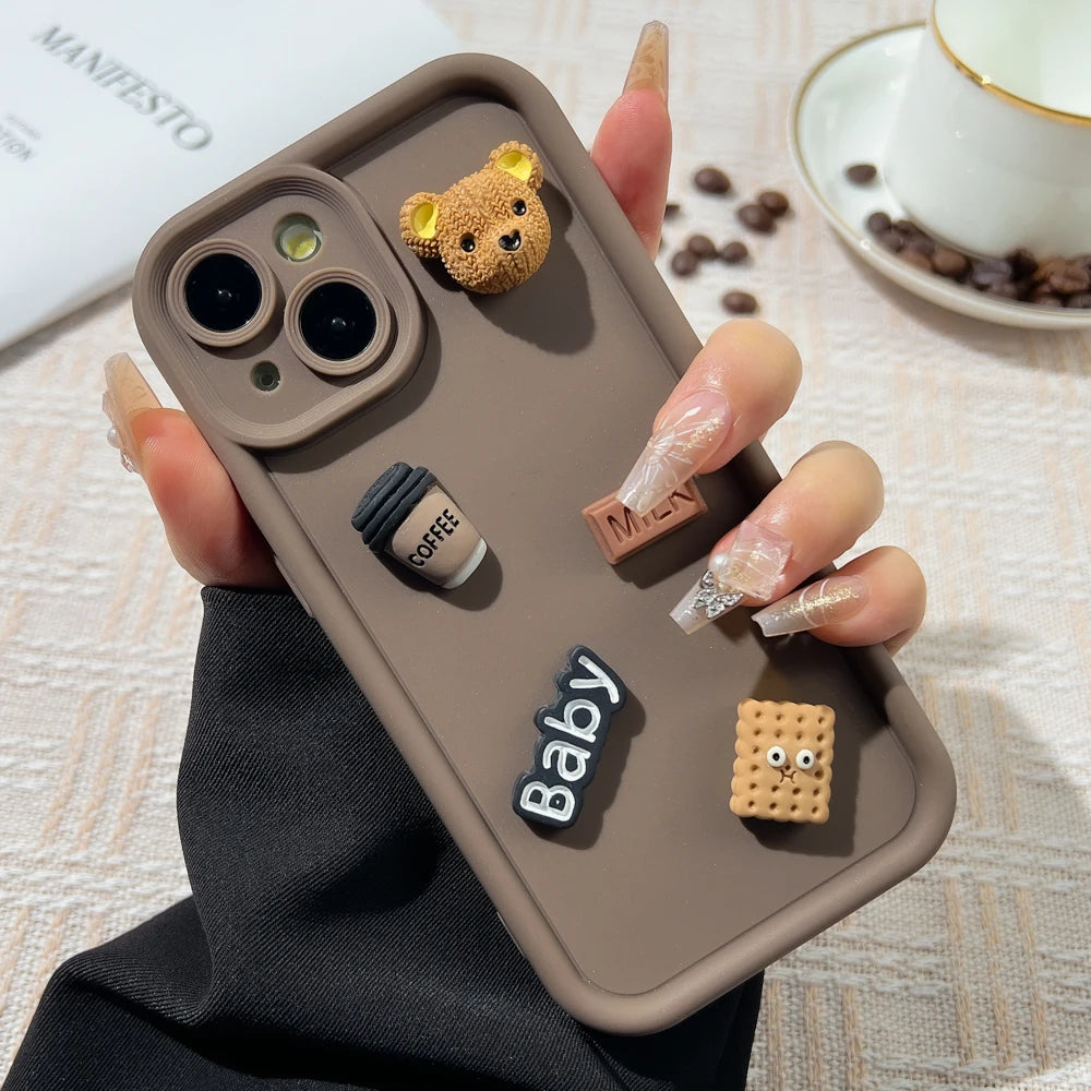 Korean Cute Cartoon 3D Coffee Bear Phone Case For iPhone 11 Case iPhone 13 12 14 16 15 Pro Max XR XS 7 8 Plus SE 2020 Soft Cover