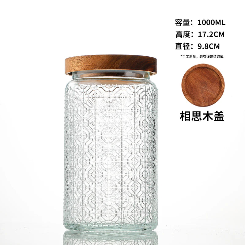 Transparent Glass Storage Jar Retro Relief Haitang Pattern Glass Jar Sealed Jar Household Round Glass Bottle Candy Storage Box