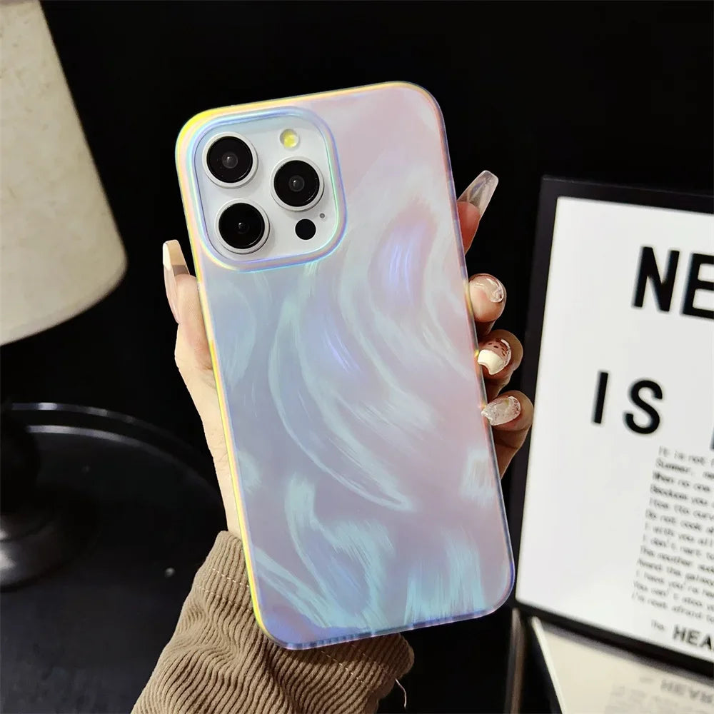 Aurora Gradient Colorful Case for iPhone 15 14 16 Pro Max 13 12 11 Ripple Laser Feather Shockproof Acrylic Cover for iPhone 15