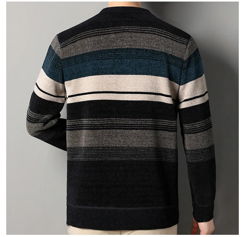 Mens Thickened Sweater Stripe Velvet Pullover Men's Winter Clothes Elegant Luxury Brand Fashion Knitted Sweaters - Vakasi