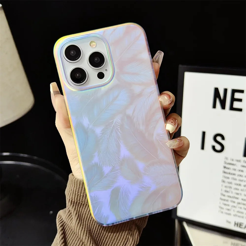 Aurora Gradient Colorful Case for iPhone 15 14 16 Pro Max 13 12 11 Ripple Laser Feather Shockproof Acrylic Cover for iPhone 15