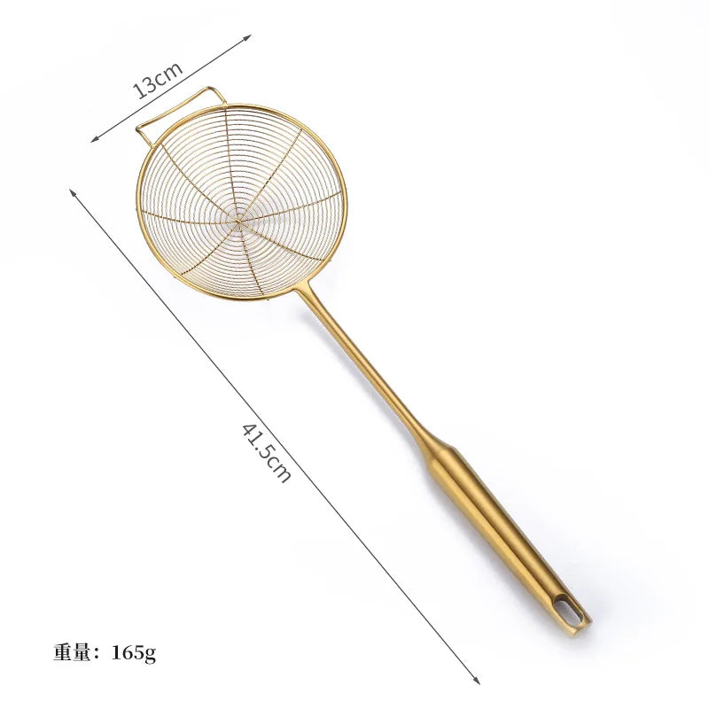 Golden Stainless Steel Skimmer Strainer Colander Oil Filter Frying Scoop with Long Handle Noodles Dumpling Sieves Kitchen Tools