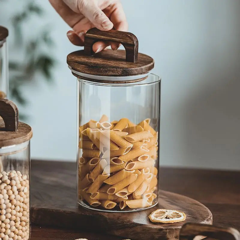 Japanese Style Kitchen Multigrain Coffee Bean Glass Sealed Storage Jar Large Capacity Wooden Lid Storage Jar Pasta Glass Bottle