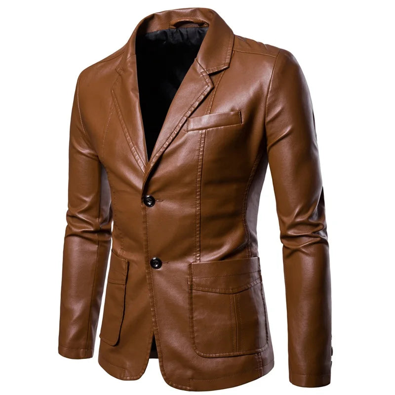 2023 Spring Autumn Fashion New Men's Lapel Leather Dress Suit Coat / Male Business Casual Pu Blazers Jacket - Vakasi