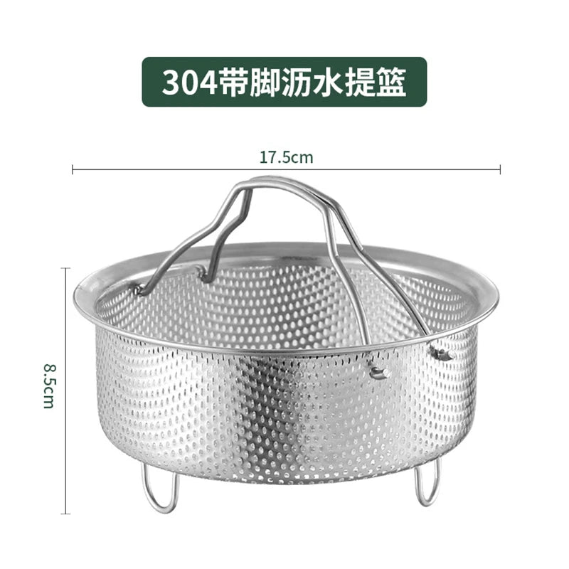 304 Stainless Steel Drain Basket Food Container Vegetable Fruit Strainer Filter with Feet Multifunction Steamer Kitchenware