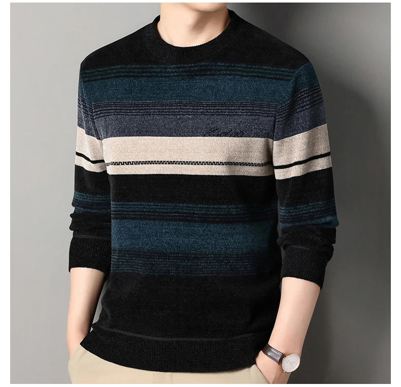 Mens Thickened Sweater Stripe Velvet Pullover Men's Winter Clothes Elegant Luxury Brand Fashion Knitted Sweaters - Vakasi