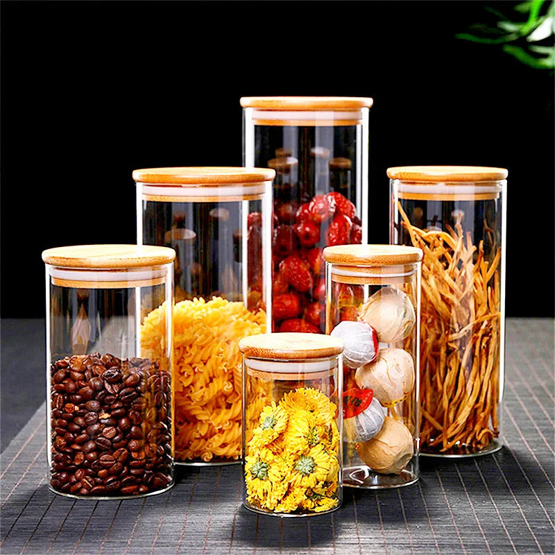 Glass Jar With Bamboo Lid Sealed Canister Food Storage Bottles Container Storage For Loose Tea Coffee Bean Kitchen Accessories