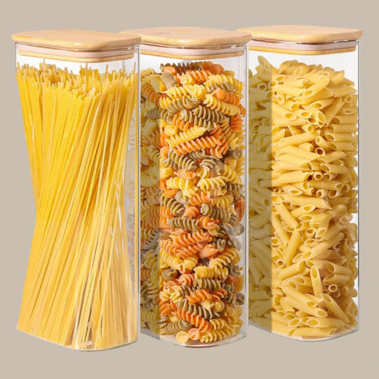 Rectangle  Storage Containers Jars with Bamboo Lids, Clear Food Storage Jar, Pantry Kitchen Organizer for Pasta Flour Oats Nuts