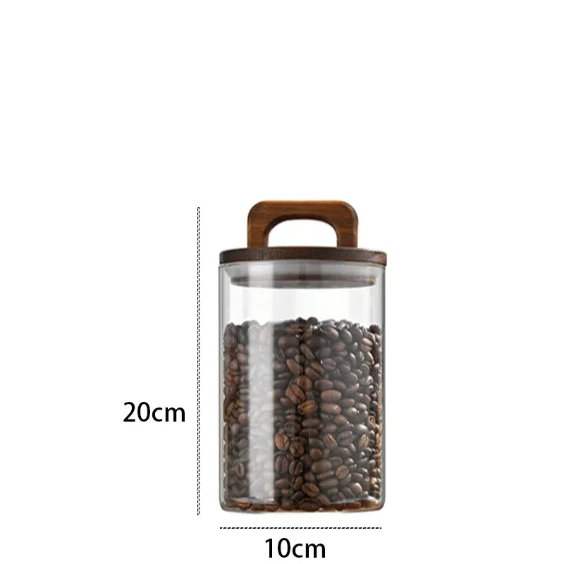 800-2100ml Wood Lid Glass Jar 1pc Airtight Canister Food Container Coffee Beans Kitchen Storage Bottles Sealed Grounds Large Set