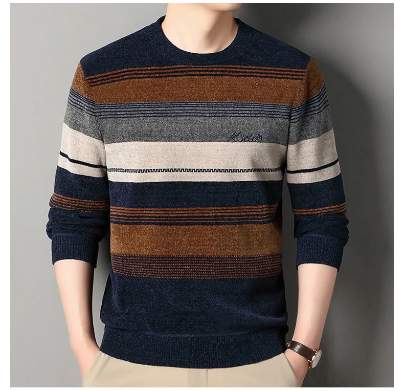 Mens Thickened Sweater Stripe Velvet Pullover Men's Winter Clothes Elegant Luxury Brand Fashion Knitted Sweaters - Vakasi