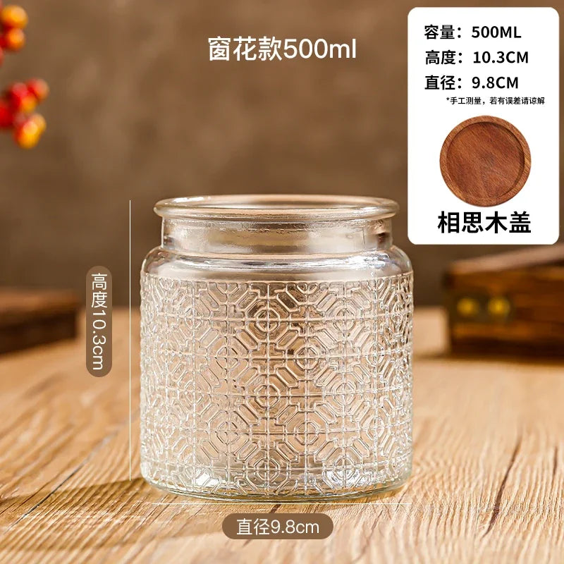 Transparent Glass Storage Jar Retro Relief Haitang Pattern Glass Jar Sealed Jar Household Round Glass Bottle Candy Storage Box