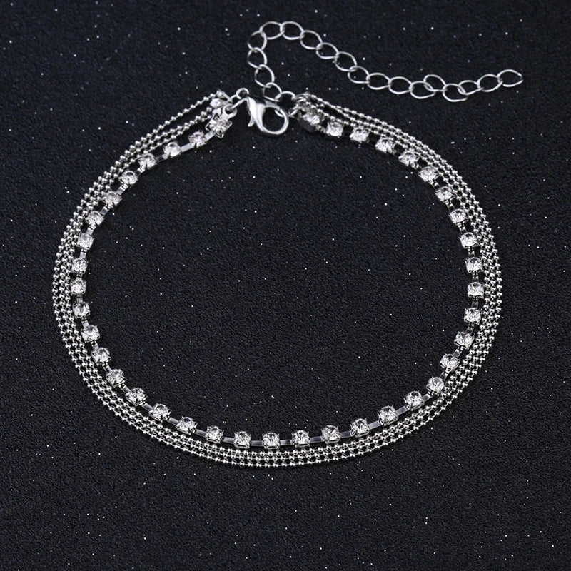 Silver Crystal Zircon 3 Rows Beads Anklet