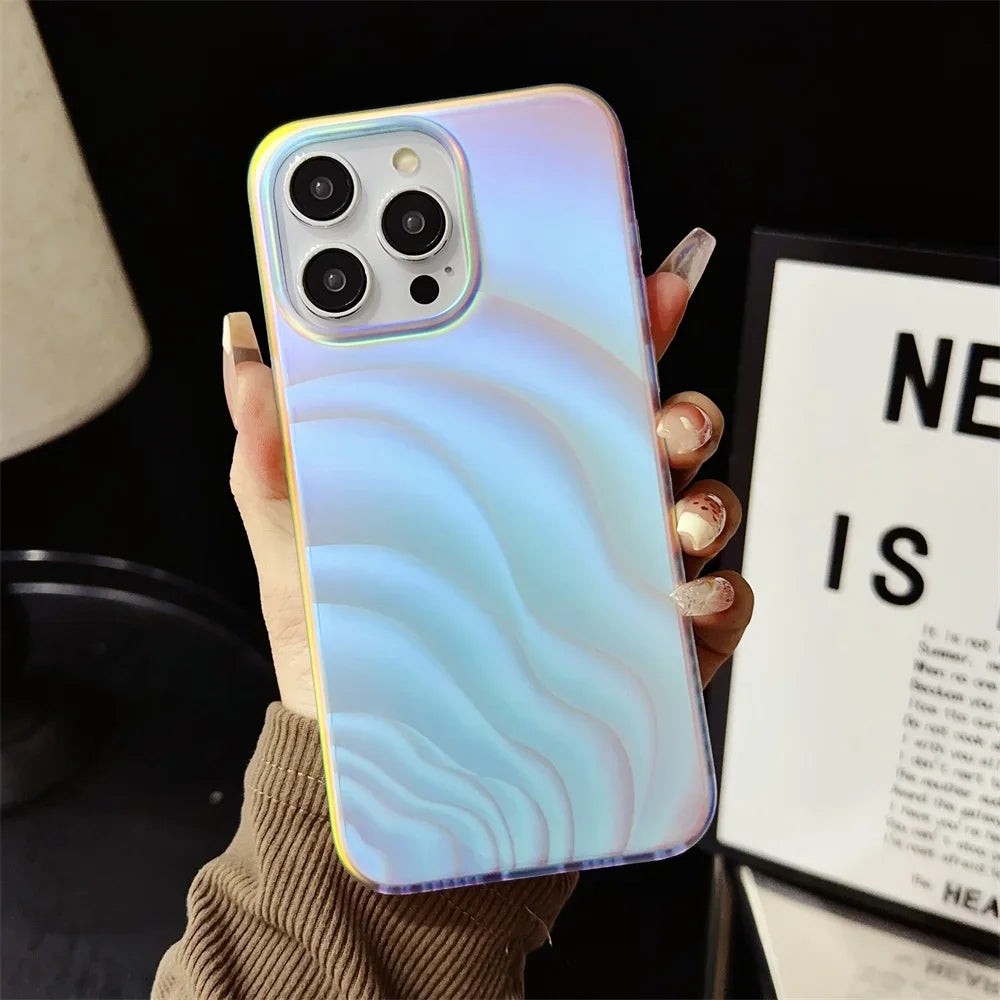 Aurora Gradient Colorful Case for iPhone 15 14 16 Pro Max 13 12 11 Ripple Laser Feather Shockproof Acrylic Cover for iPhone 15