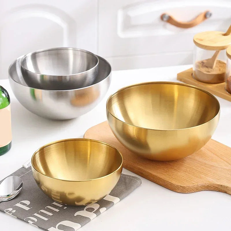 Golden Silver Salad Bowls Large Capacity Stainless Steel Korean Soup Rice Noodle Ramen Bowl Tableware Food Container Utensils