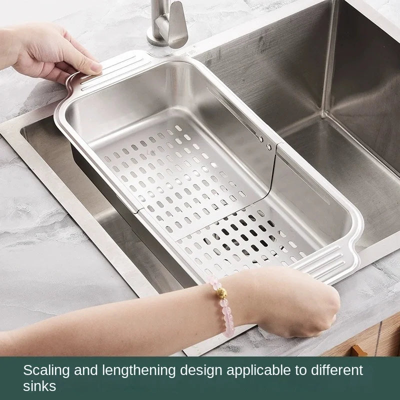 Drain rack 304 stainless steel retractable kitchen sink large household sink rectangular drain basket