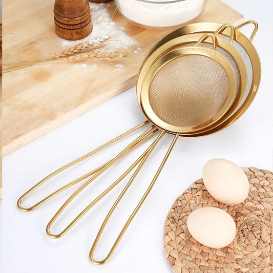 1pc Stainless steel colander kitchen bakery gold strainer with hook oil scoop soybean milk juice rice milk filter flour screen