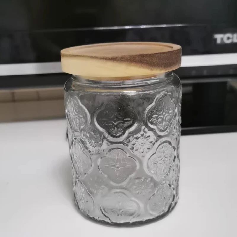 Transparent Glass Storage Jar Retro Relief Haitang Pattern Glass Jar Sealed Jar Household Round Glass Bottle Candy Storage Box