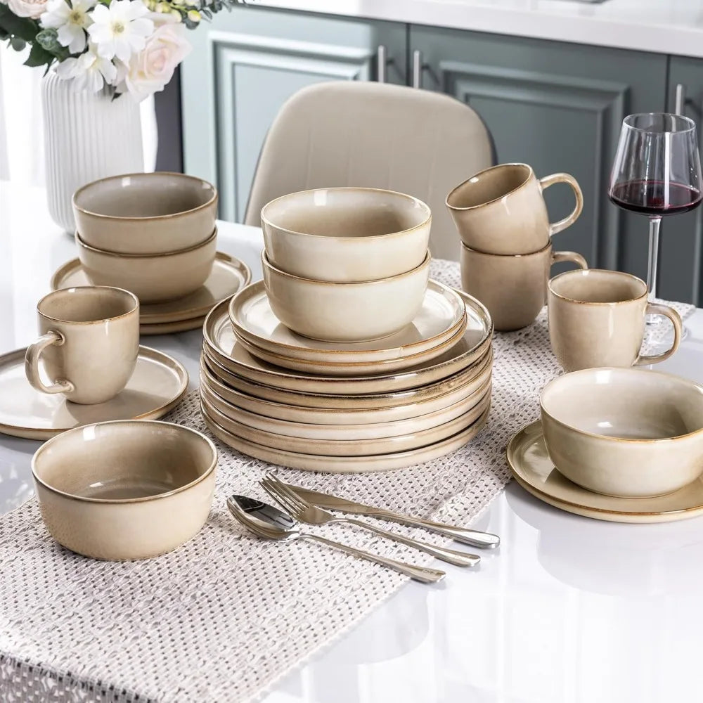 AmorArc Stoneware Dinnerware Sets,Round Reactive Glaze Ceramic Plates and Bowls Sets,Highly Chip and Crack Resistant